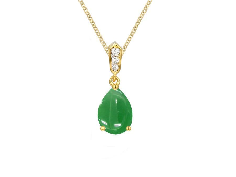 Green Pear Teardrop Jade And Diamond Yellow Gold Necklace