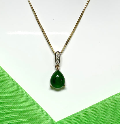 Real green jade necklace pear teardrop and diamond yellow gold pendant