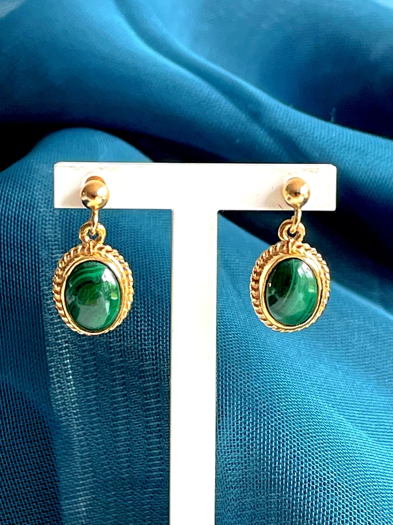 Green Malachite Yellow Gold Oval Drop Earrings