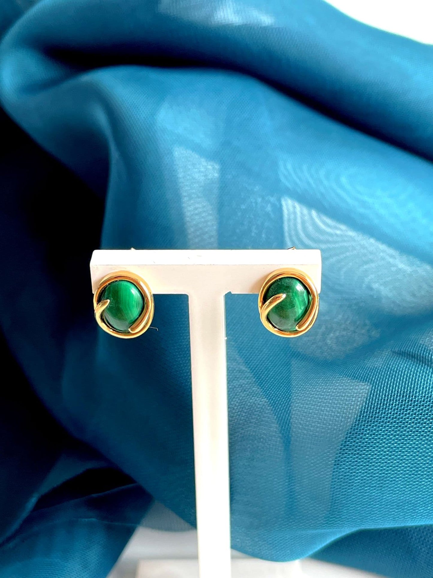 Green Malachite Yellow Gold Oval Stud Earrings