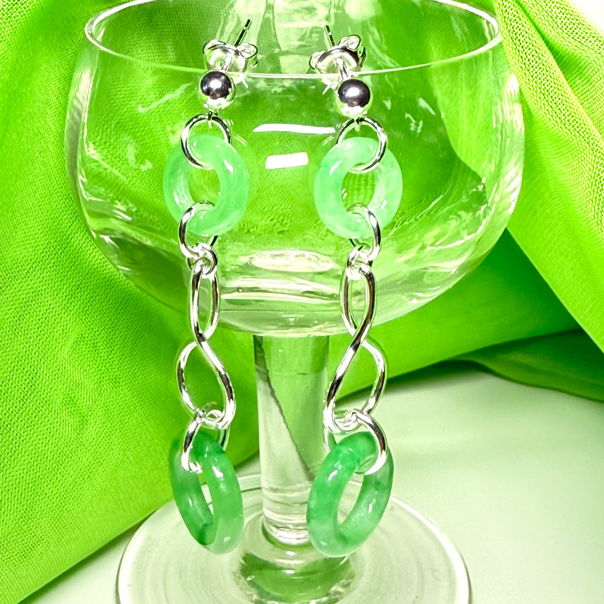 Green Jade Round Sterling Silver Double Drop Earrings