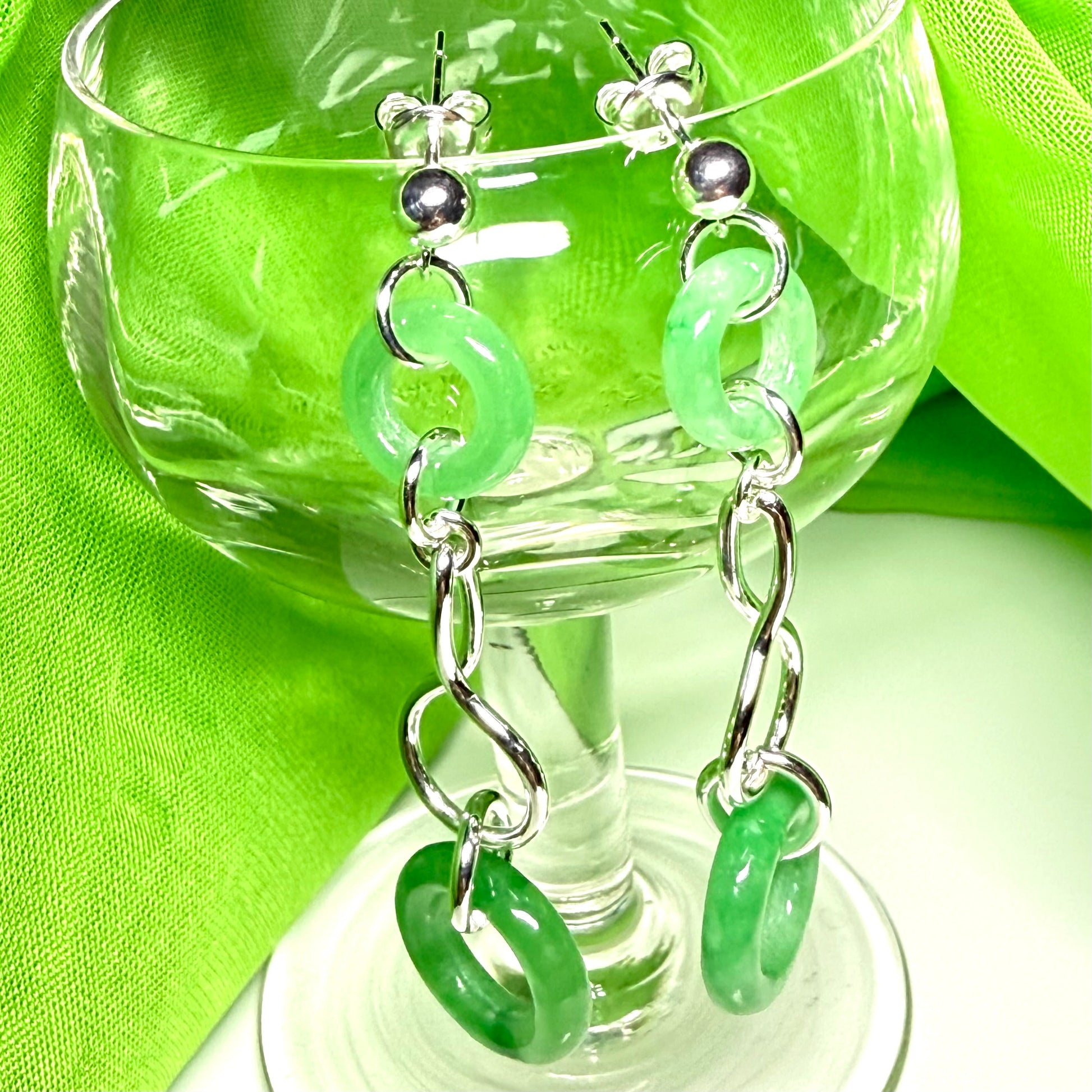 Green Jade Round Sterling Silver Double Drop Earrings