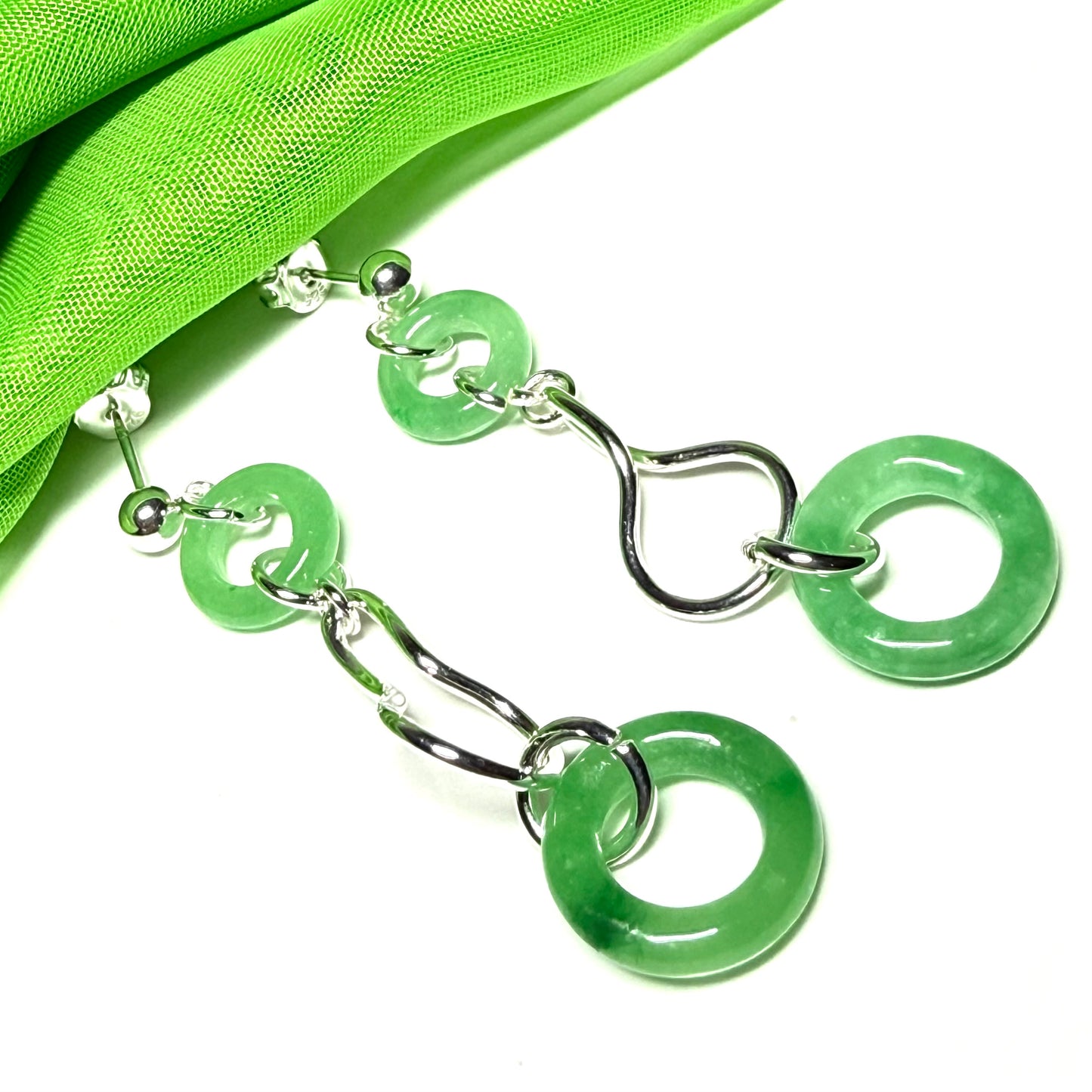 Green Jade Round Sterling Silver Double Drop Earrings