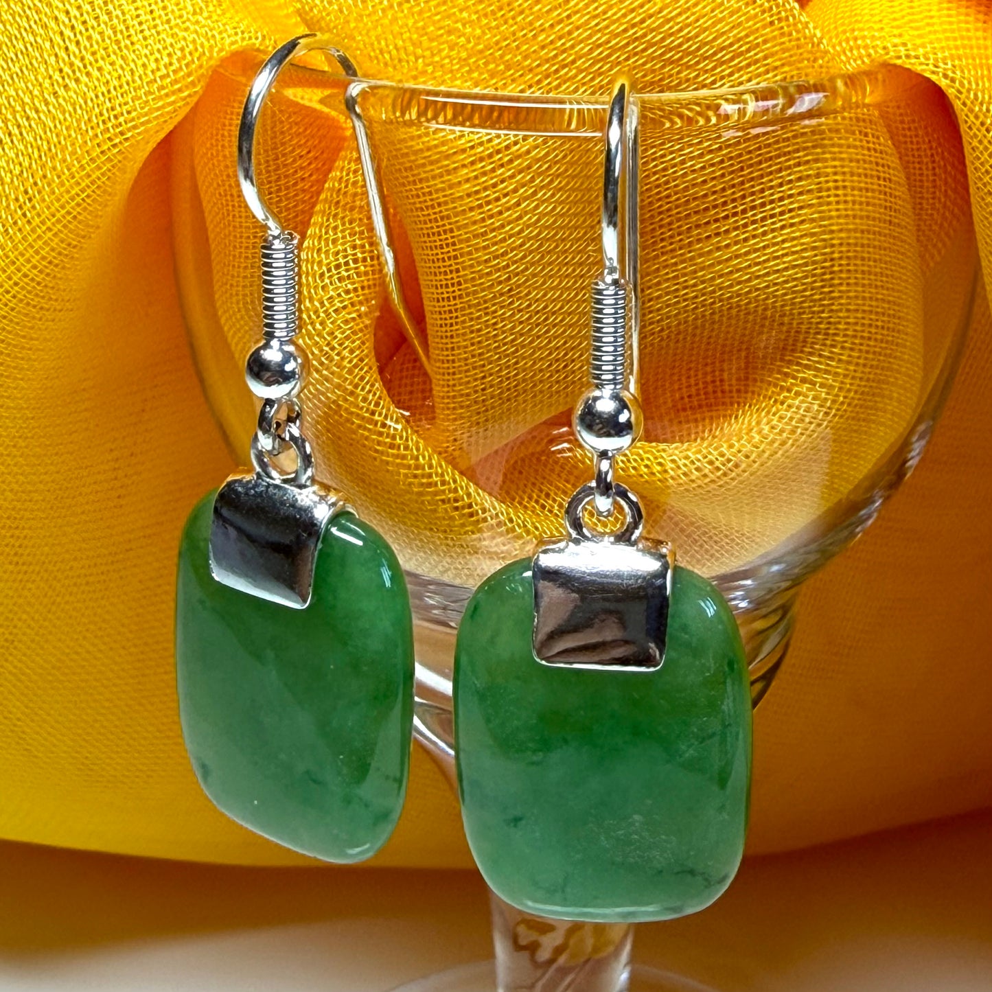 Green Jade Silver Cushion Shaped Drop Earrings