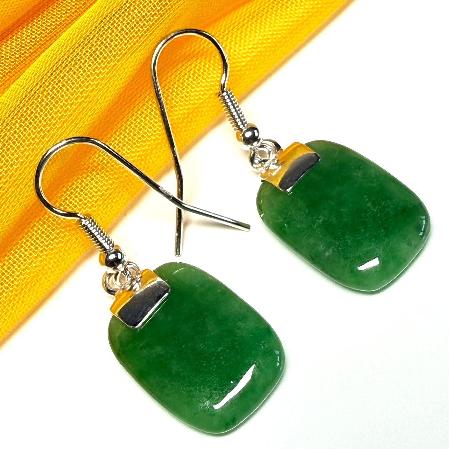 Green Jade Silver Cushion Shaped Drop Earrings