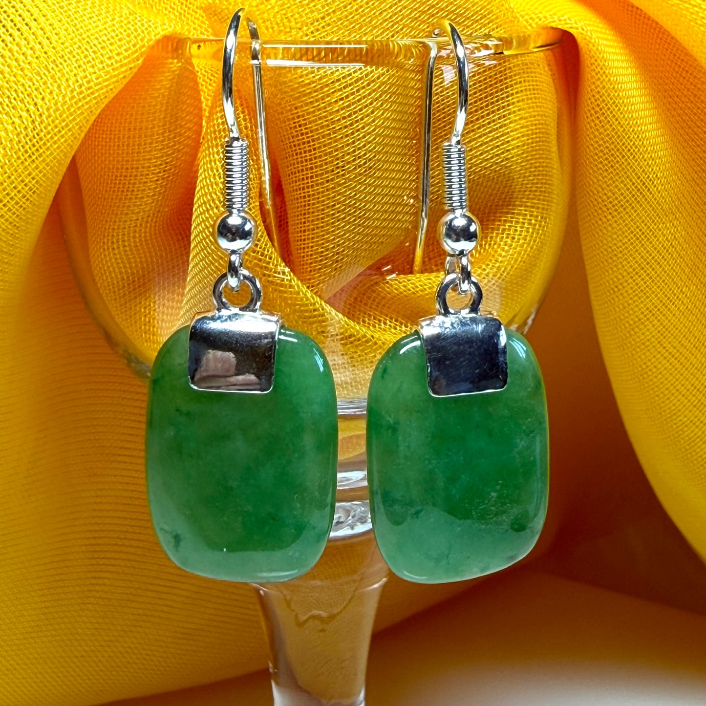 Green Jade Silver Cushion Shaped Drop Earrings