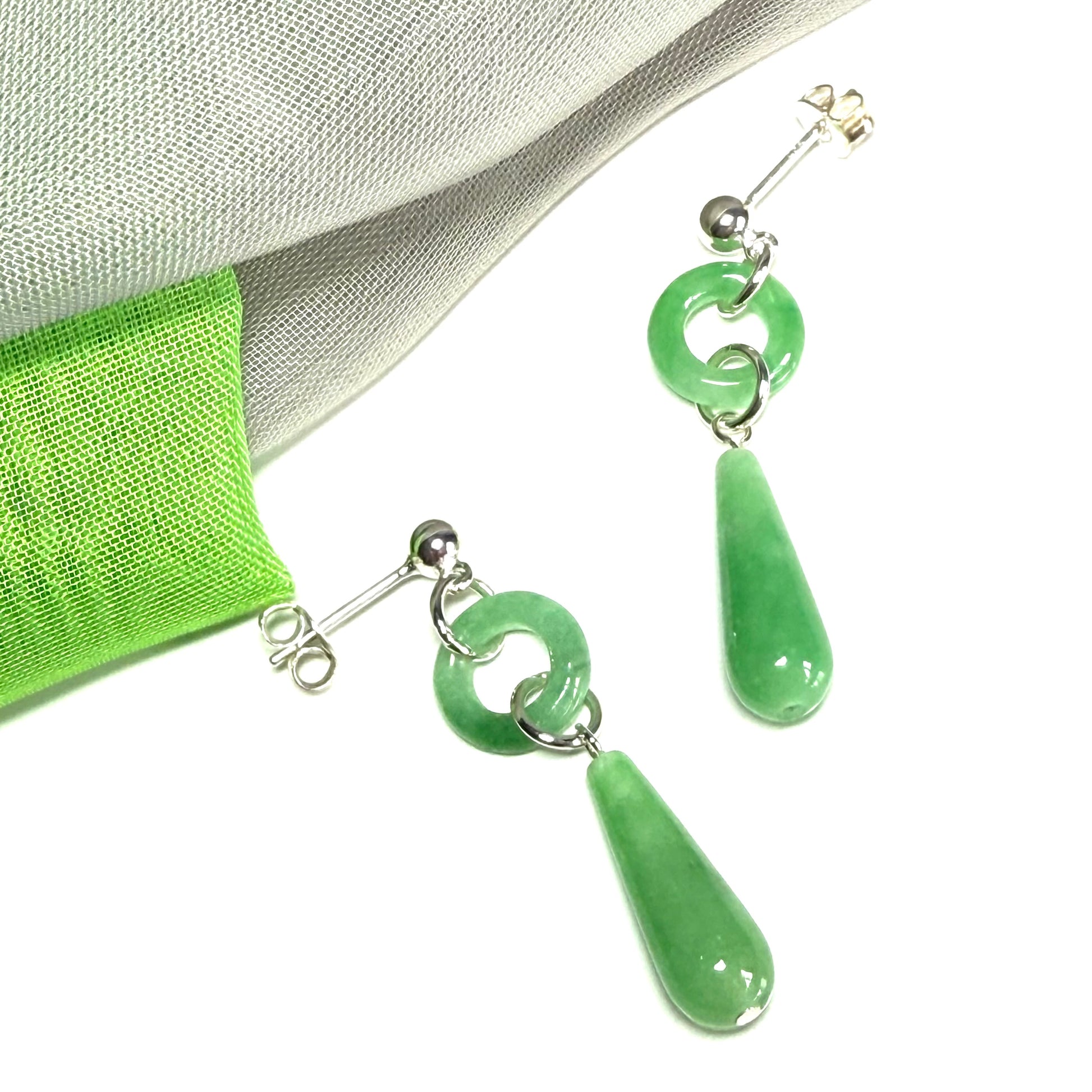 Green Jade Silver Round And Teardrop Sterling Silver Dropped Earrings