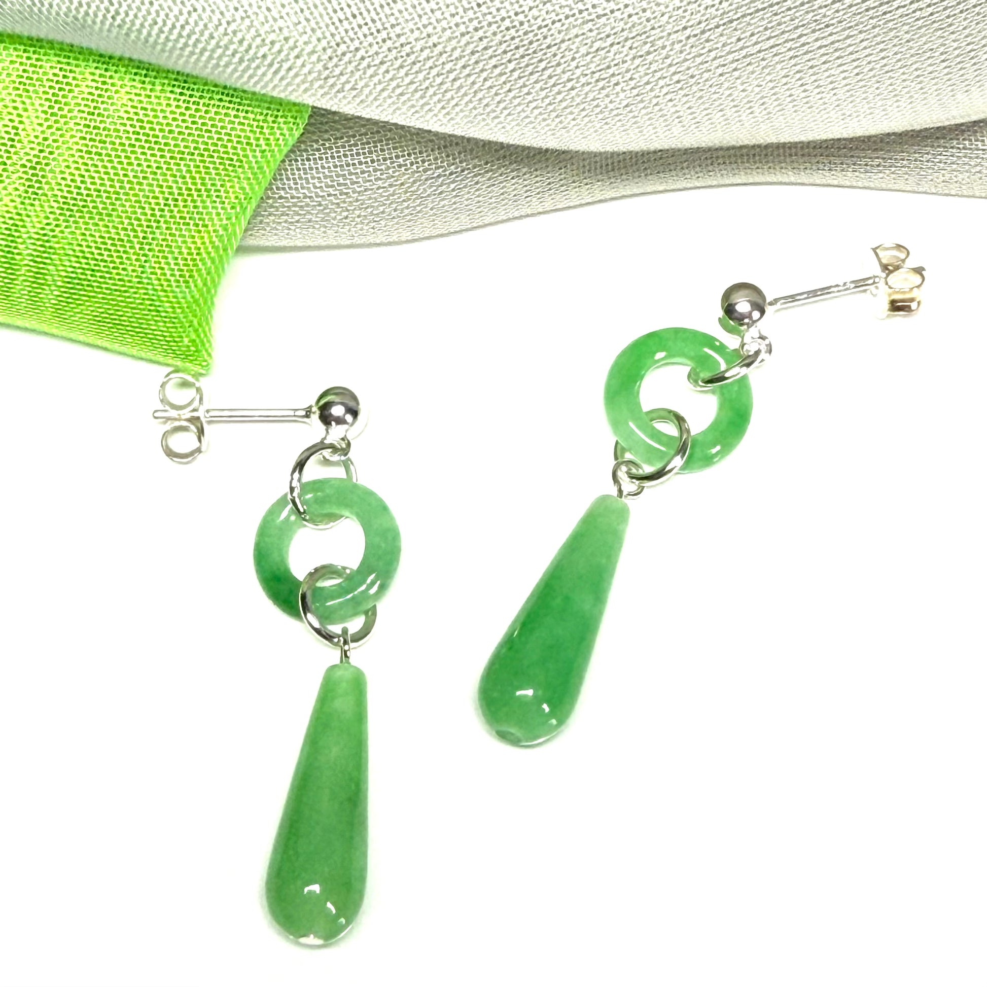 Green Jade Silver Round And Teardrop Sterling Silver Dropped Earrings