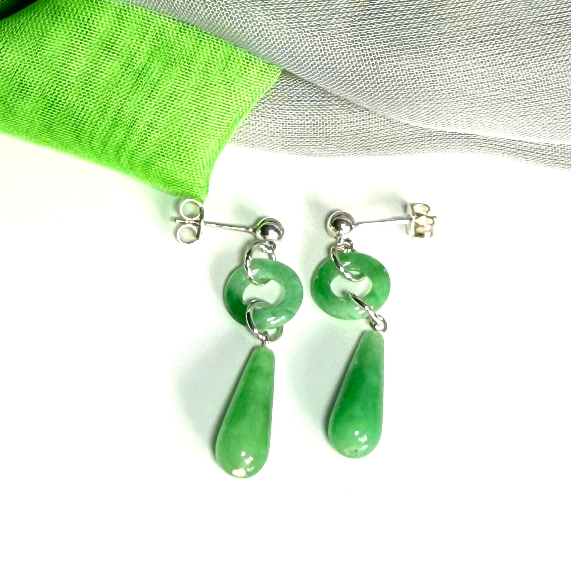 Green Jade Silver Round And Teardrop Sterling Silver Dropped Earrings