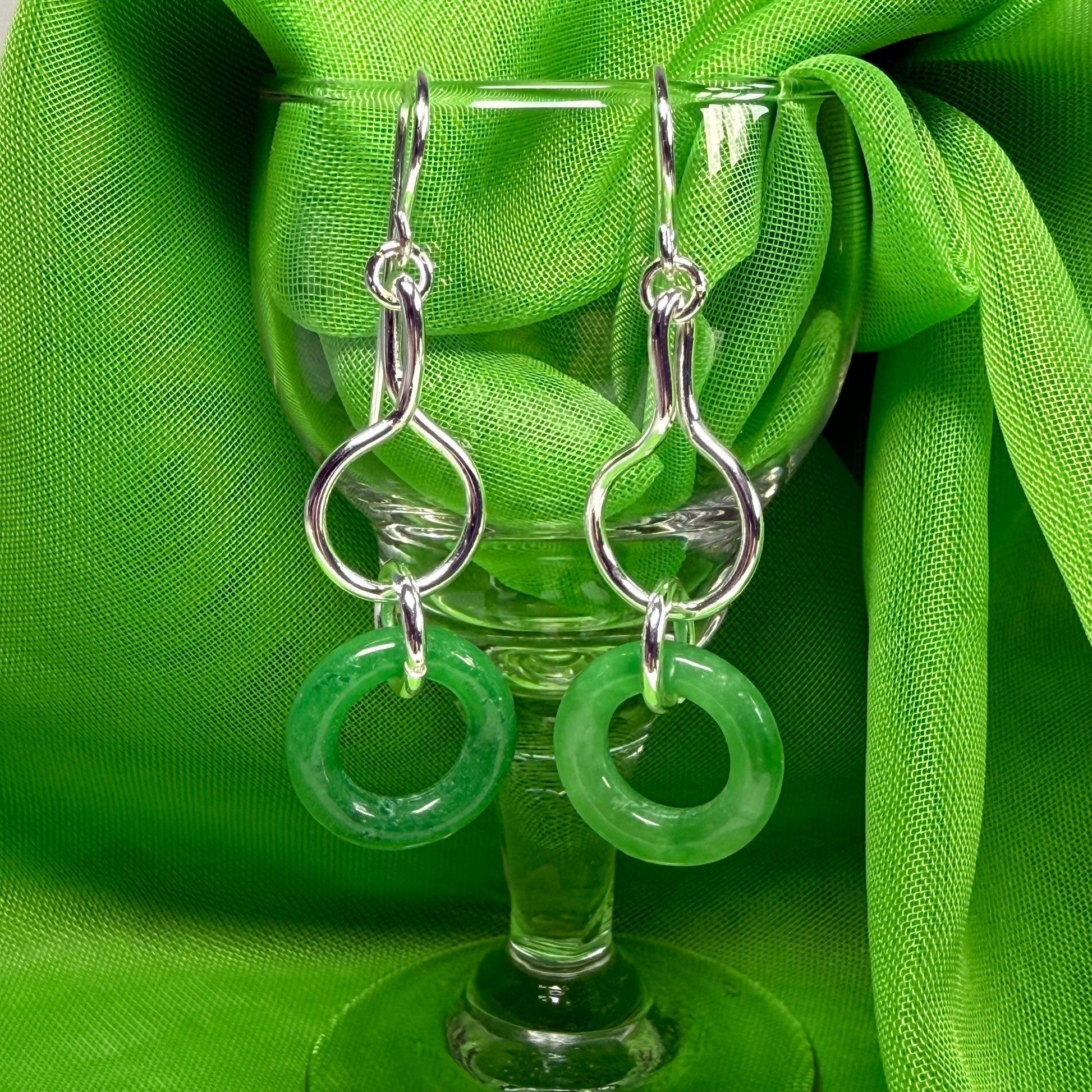 Green Jade Silver Round Double Drop Earrings