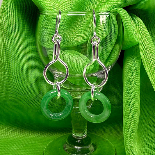 Green Jade Silver Round Double Drop Earrings