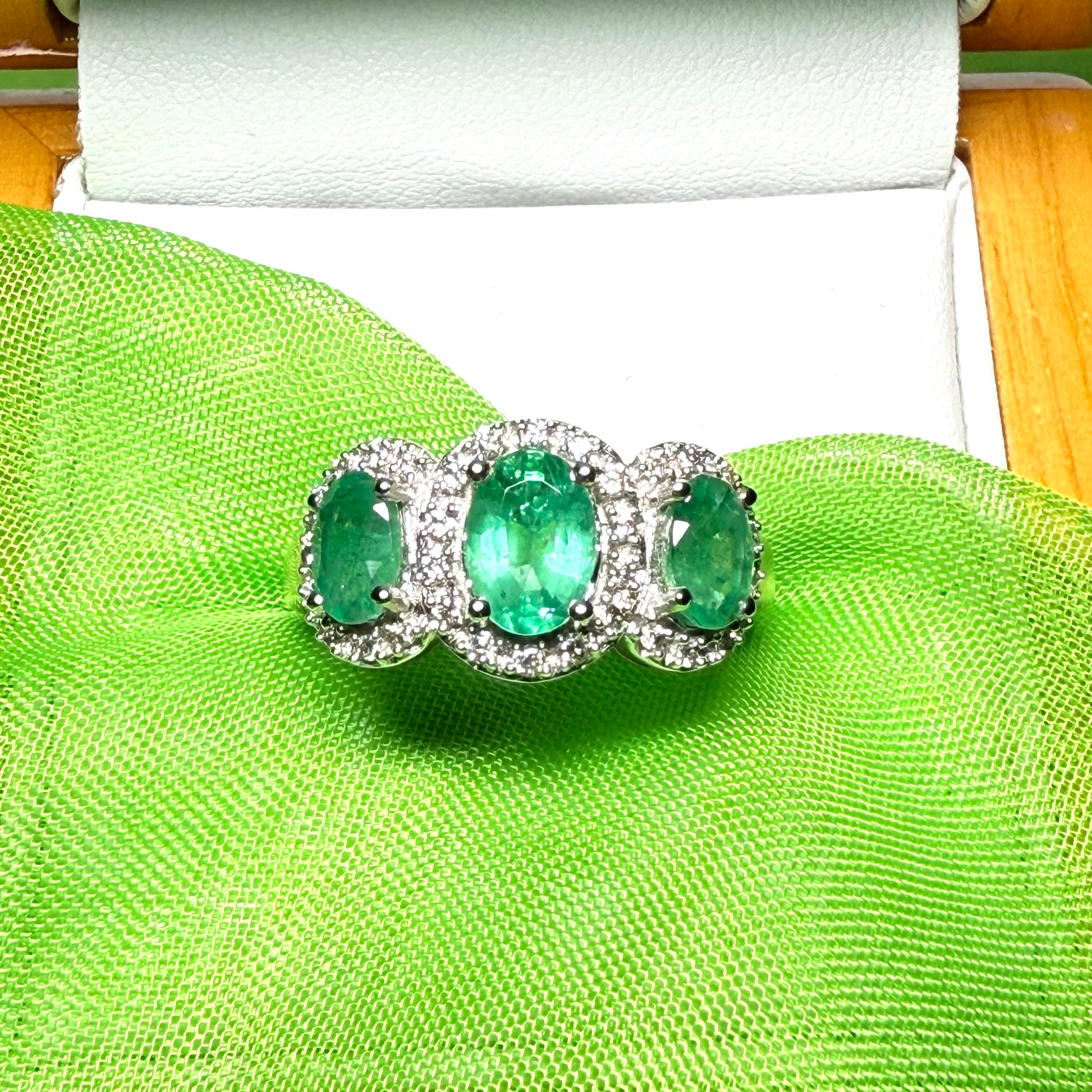Green Oval Emerald And Diamond Trilogy Cluster Ring