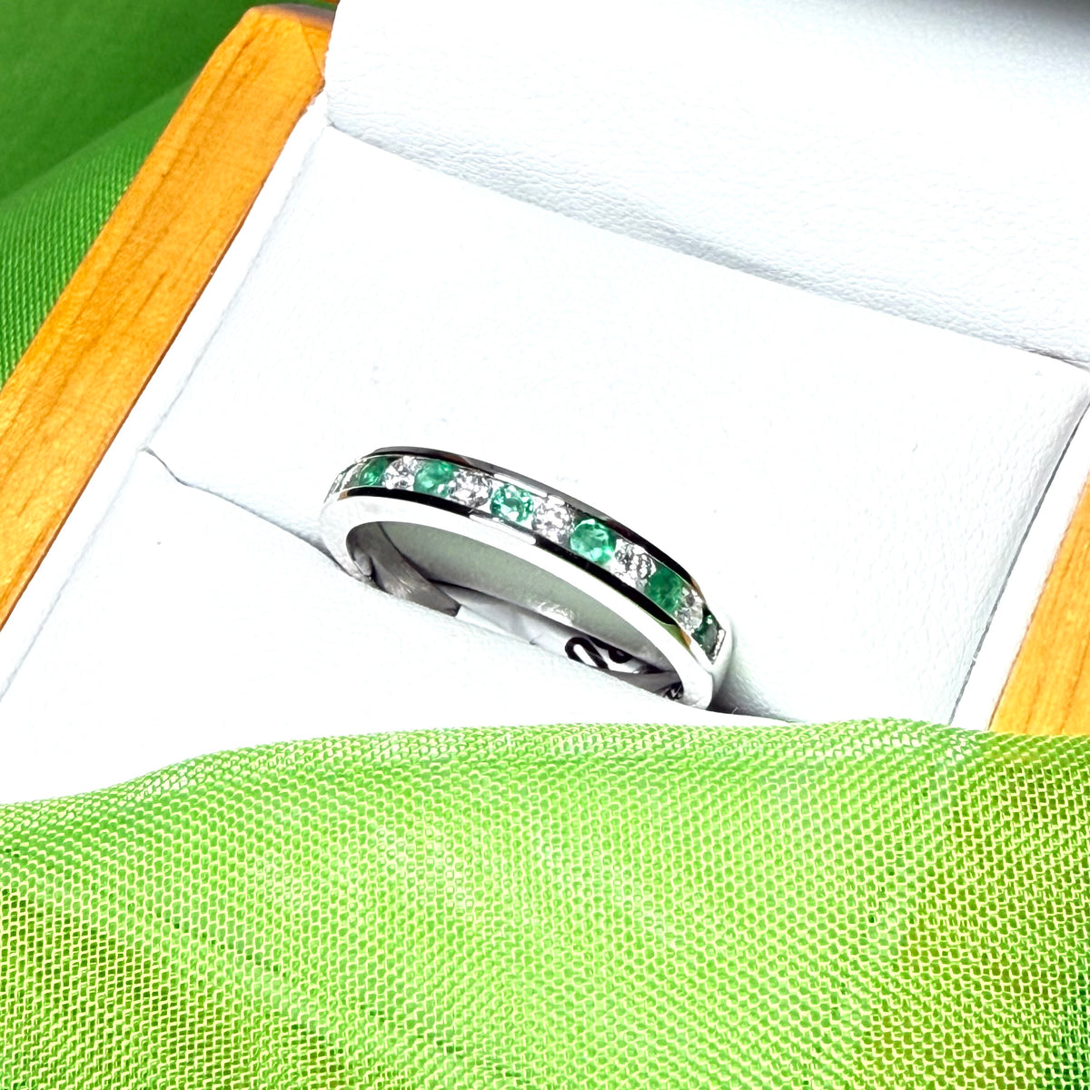 Green Real Emerald And Diamond White Gold Eternity Ring Channel Setting