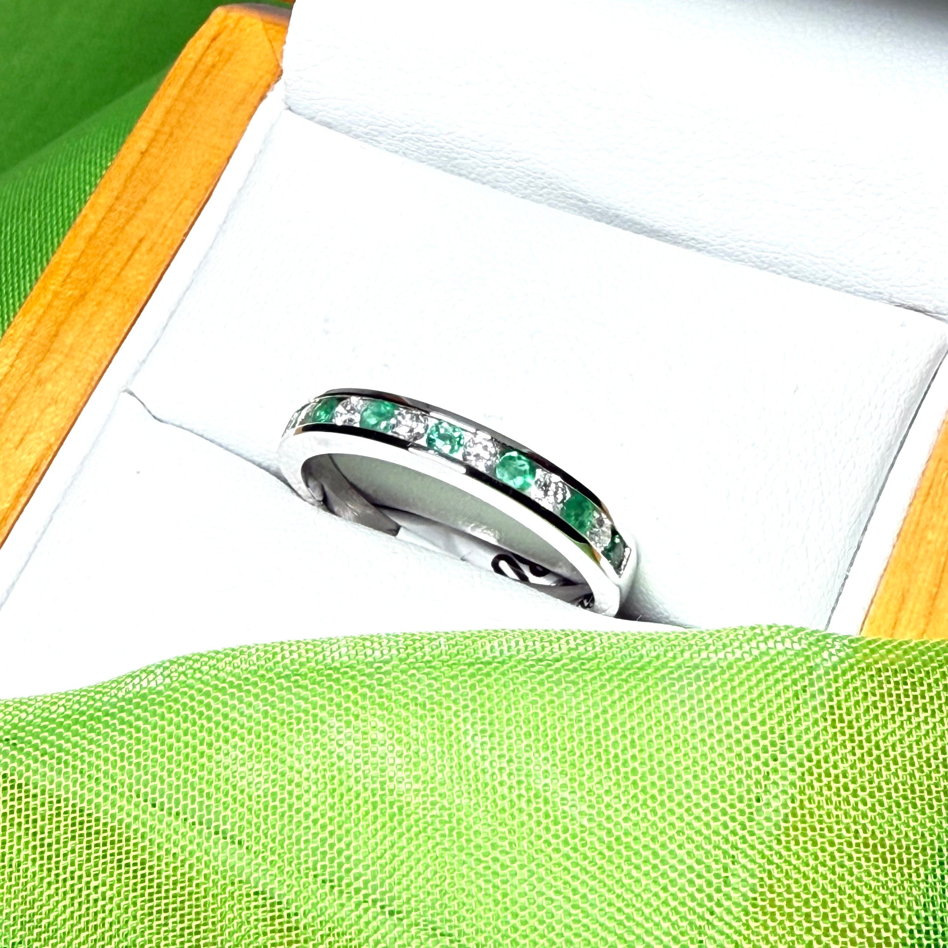 Green Real Emerald And Diamond White Gold Eternity Ring Channel Setting