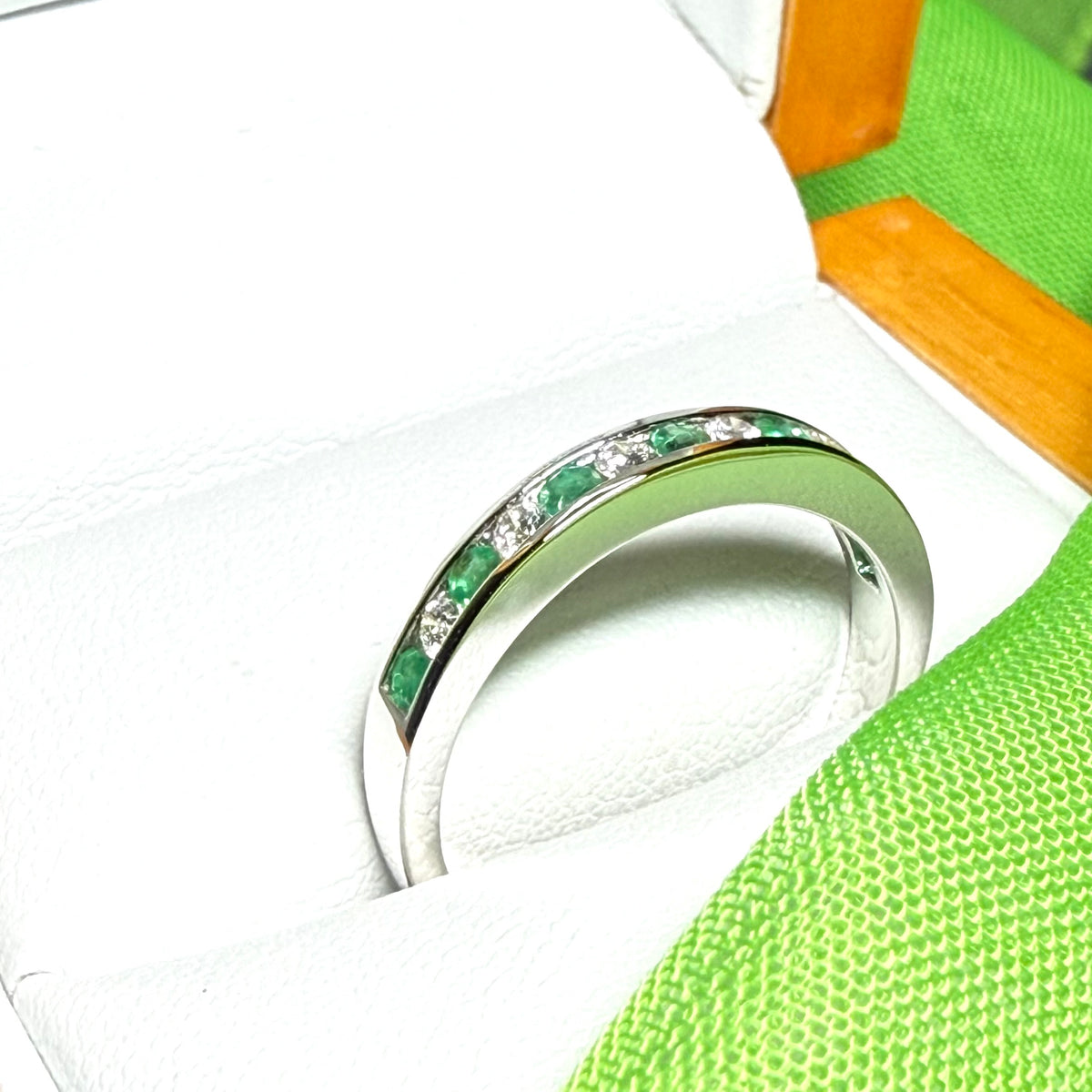 Green Real Emerald And Diamond White Gold Eternity Ring Channel Setting