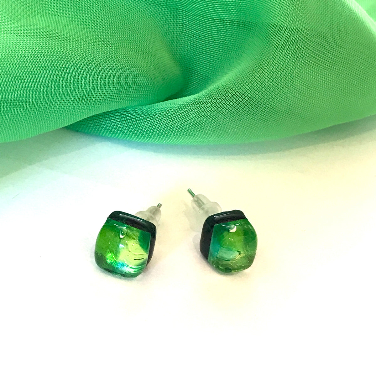 Green Real Murano Glass Square Stud Earrings