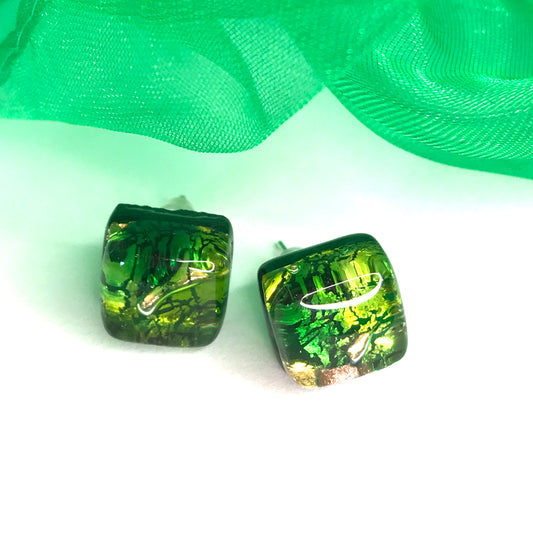 Green Real Murano Glass Stud Earrings Square