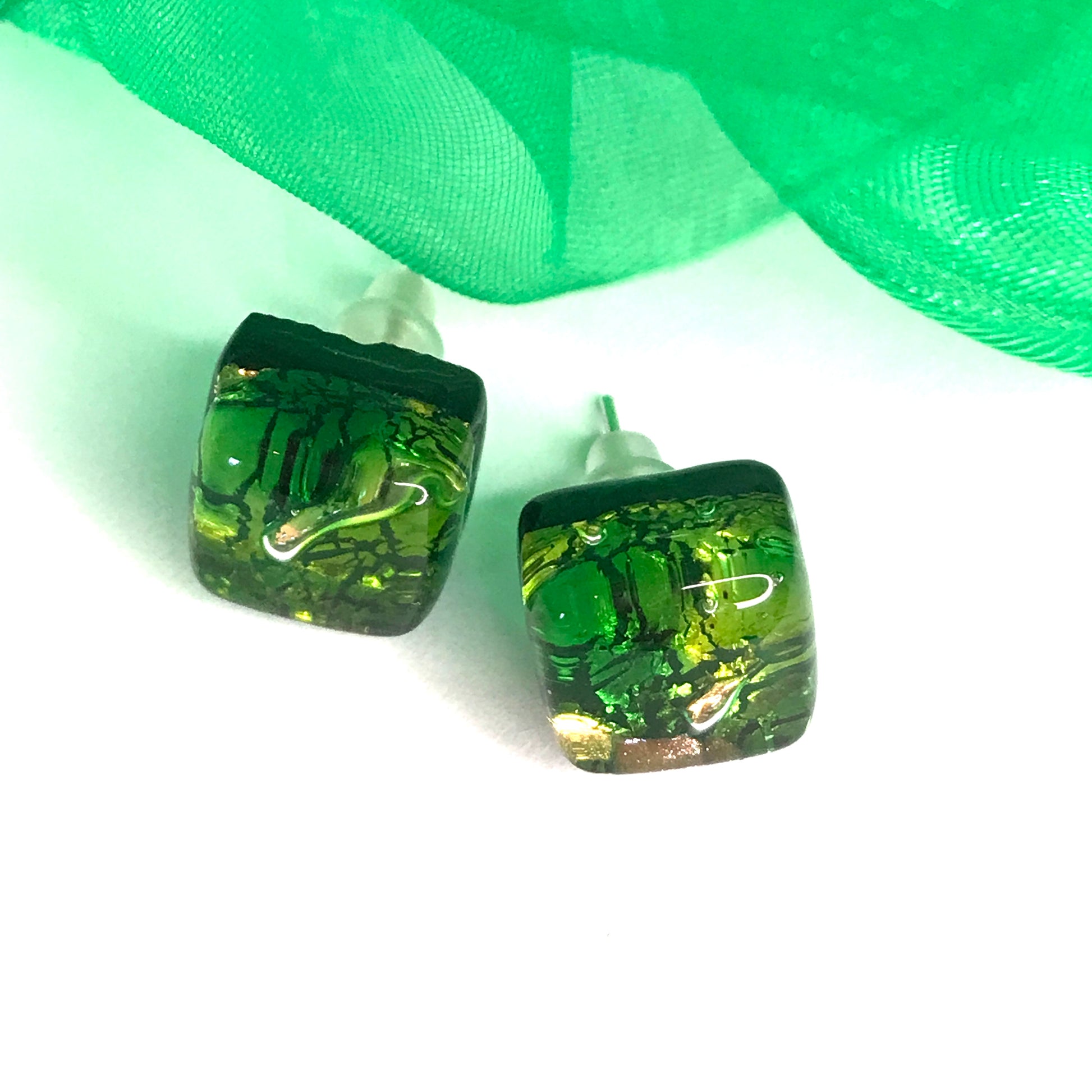 Green Real Murano Glass Stud Earrings Square