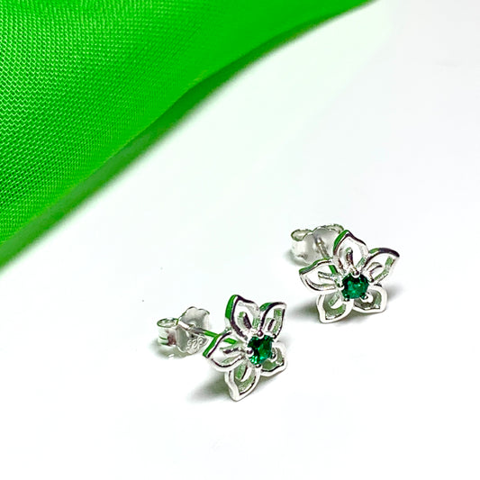 Green cubic zirconia flower shaped dress stud earrings