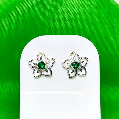 Green cubic zirconia flower shaped dress stud earrings