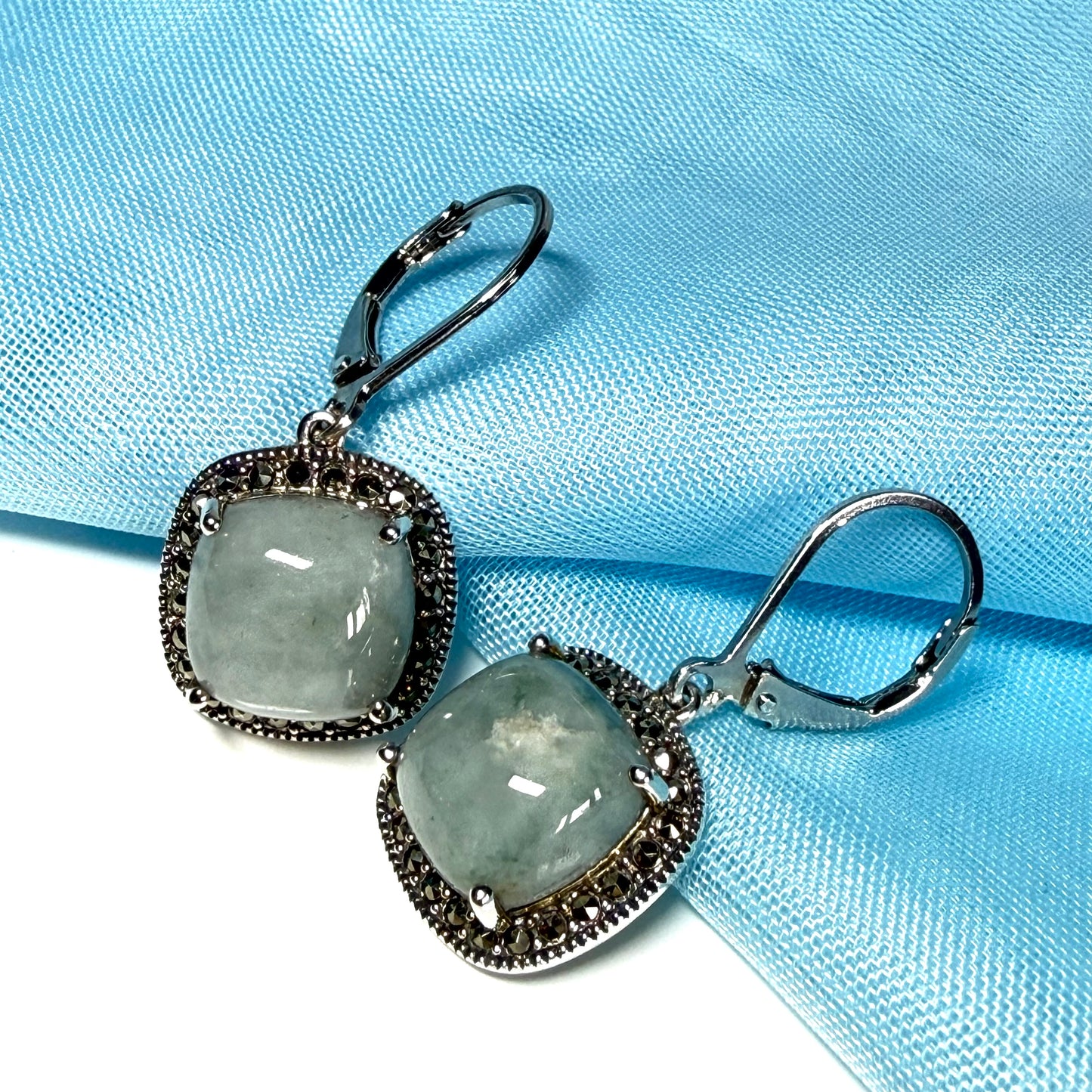 Green jade and marcasite silver cushion shaped drop earrings