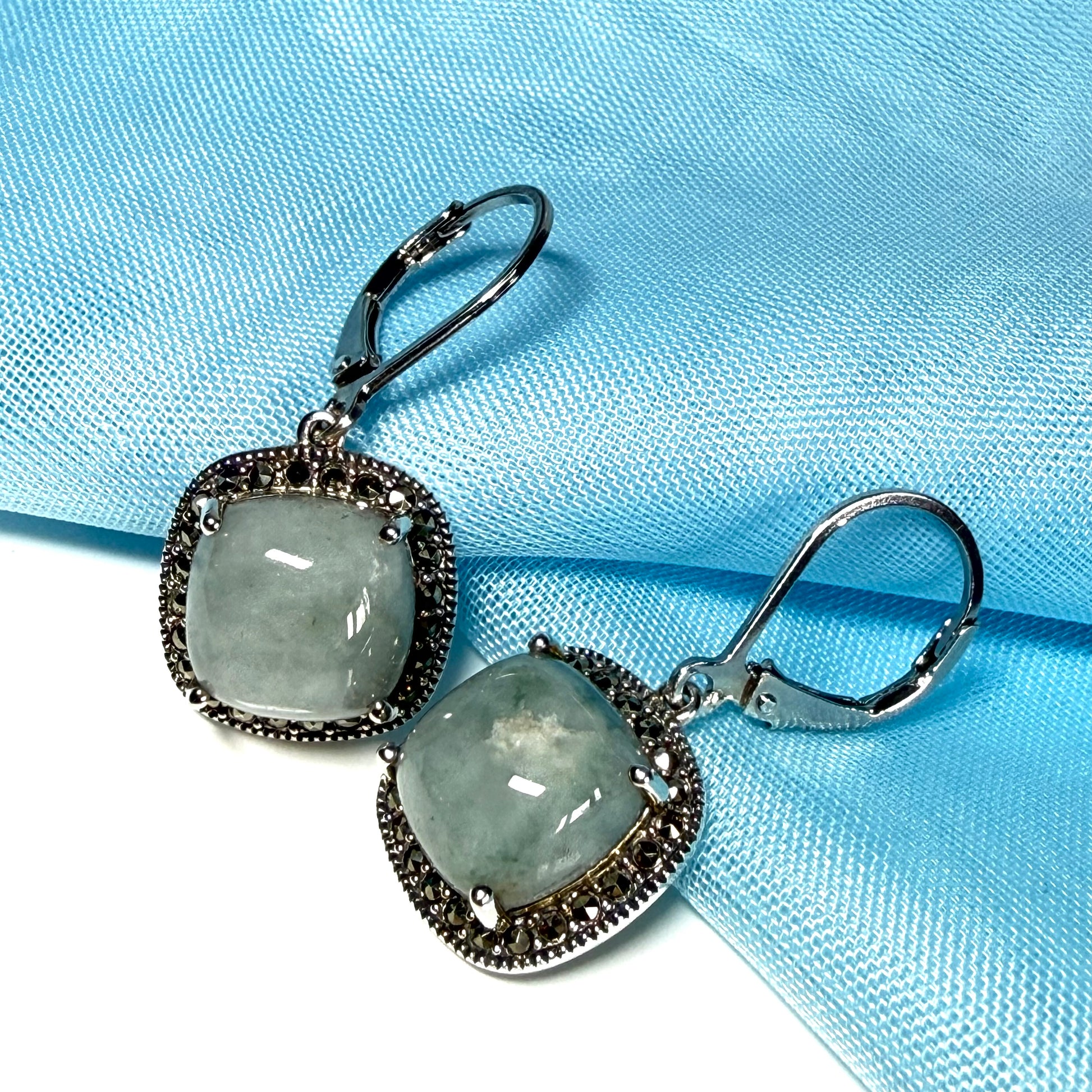 Green jade and marcasite silver cushion shaped drop earrings