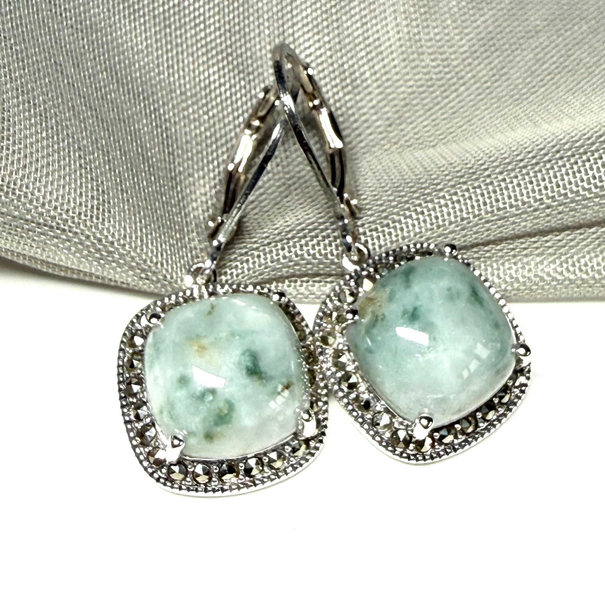 Green jade and marcasite silver cushion shape drop earrings