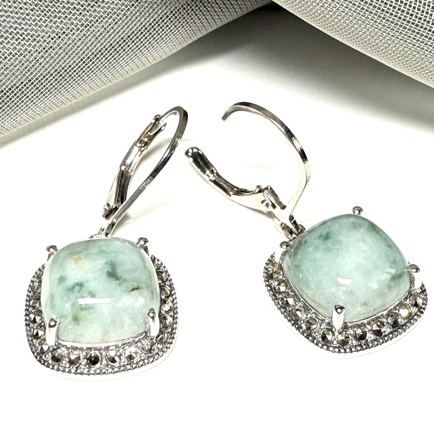 Green jade and marcasite silver cushion shape drop earrings Continental fastenings