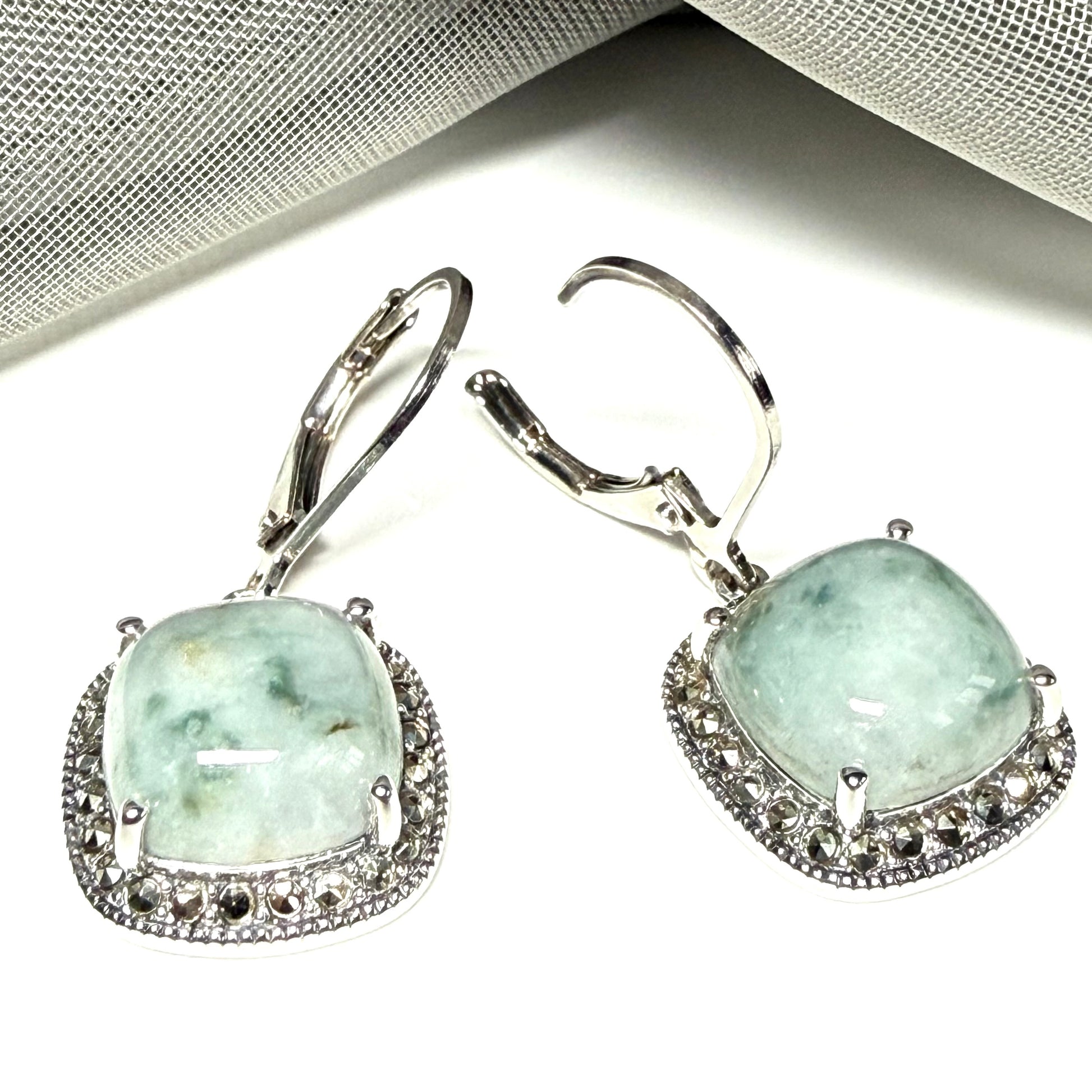Green jade and marcasite silver cushion shape drop earrings Continental fastenings
