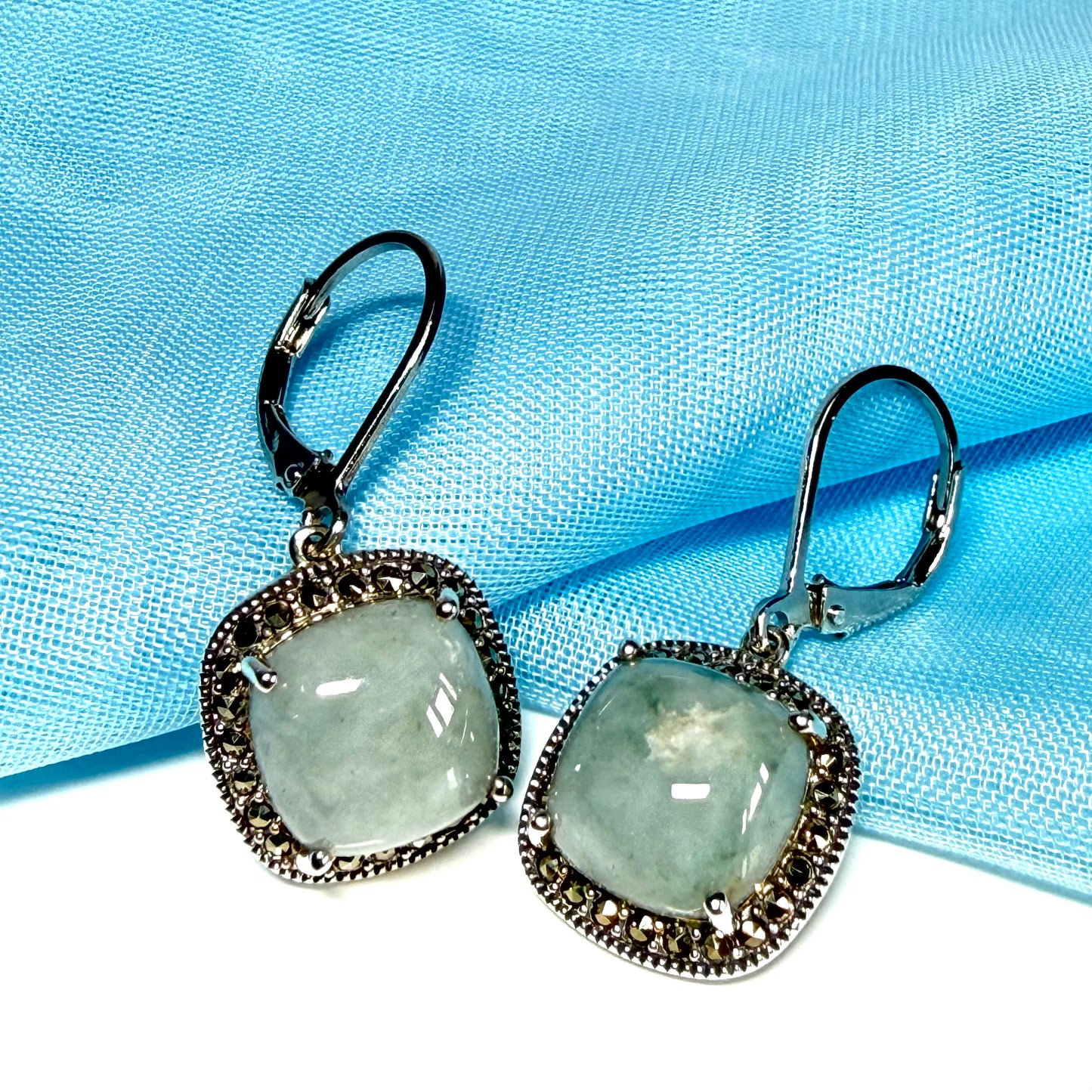 Green jade and marcasite silver cushion shaped drop earrings
