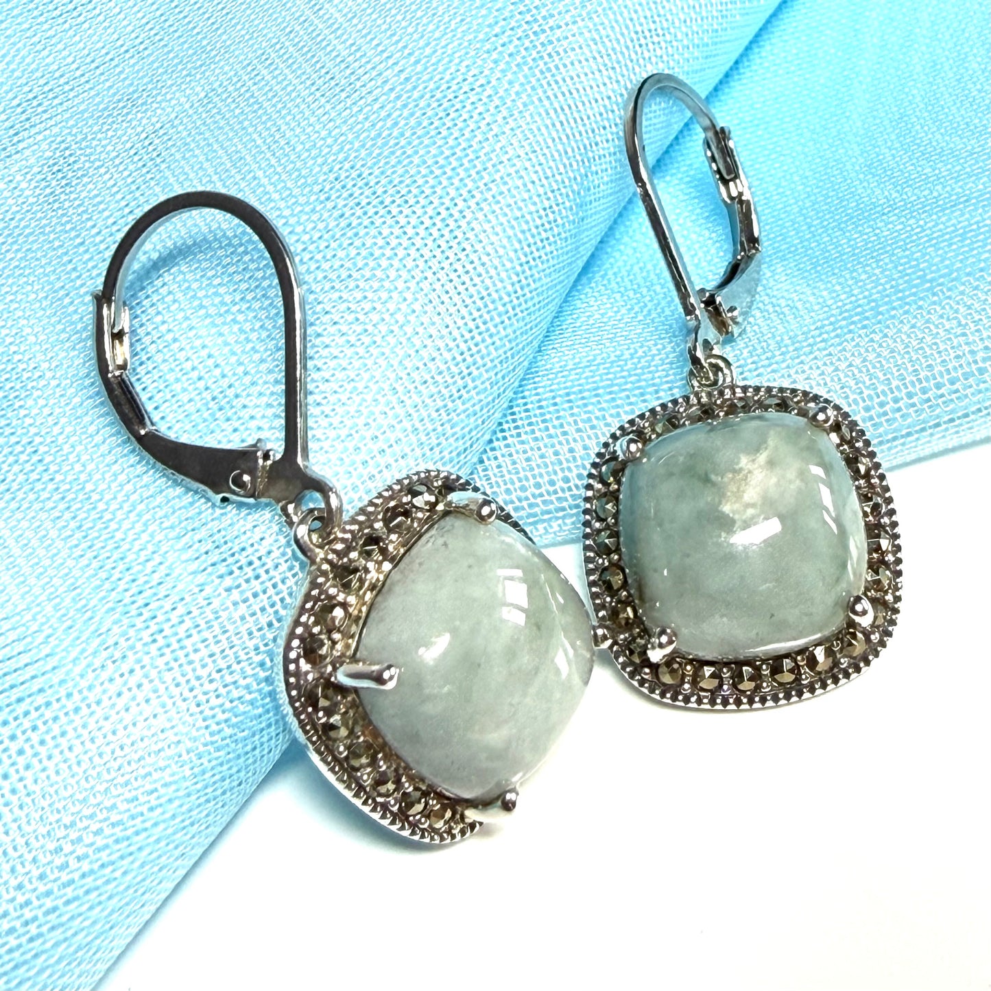 Green jade and marcasite silver cushion shaped drop earrings
