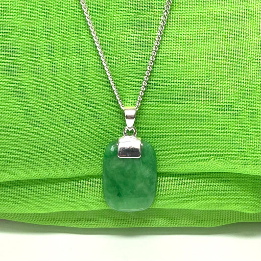 Green jade cushion shaped silver necklace pendant