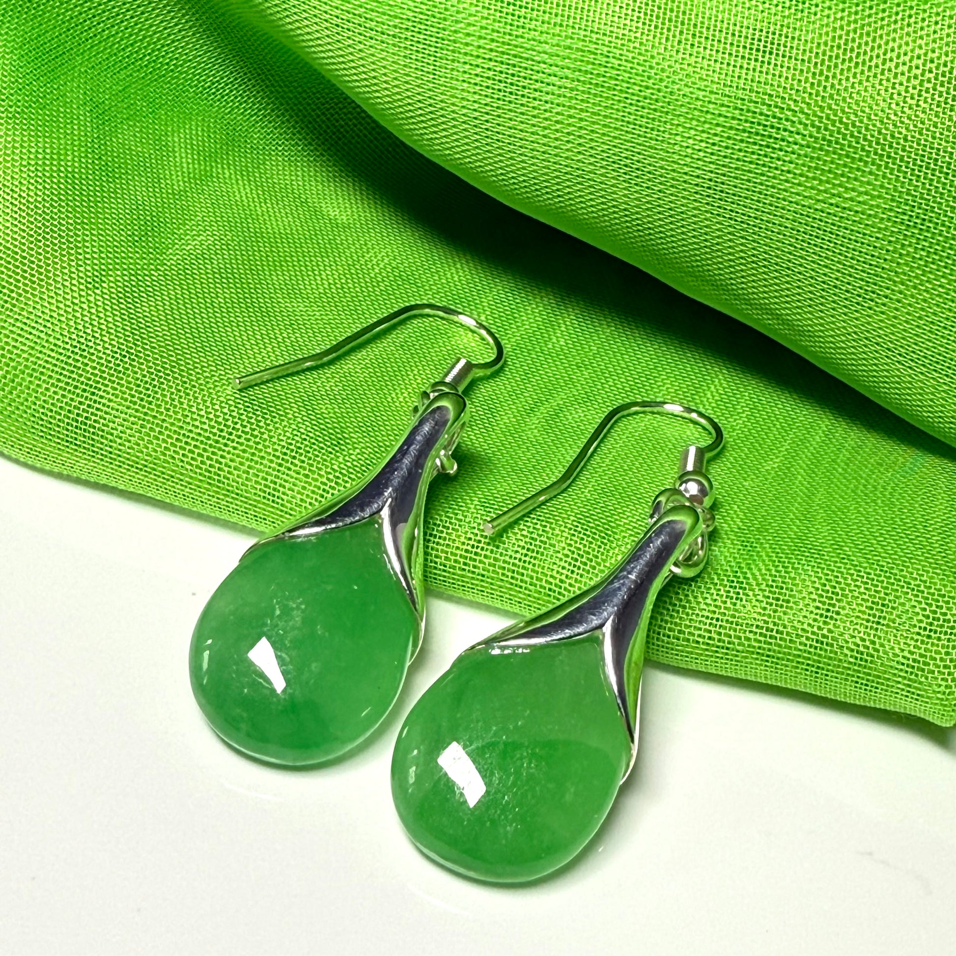 Green jade pear tear drop sterling silver shaped dropped earrings