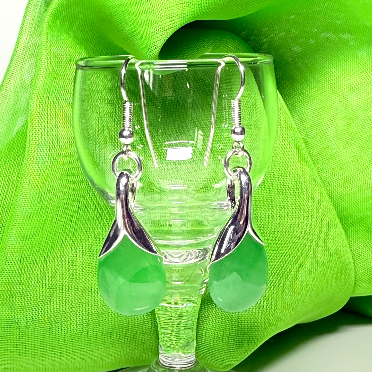 Green jade pear tear drop sterling silver shaped dropped earrings