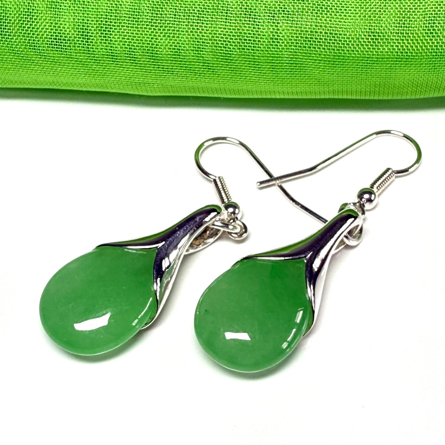 Green jade tear drop sterling silver pear shaped drop earrings
