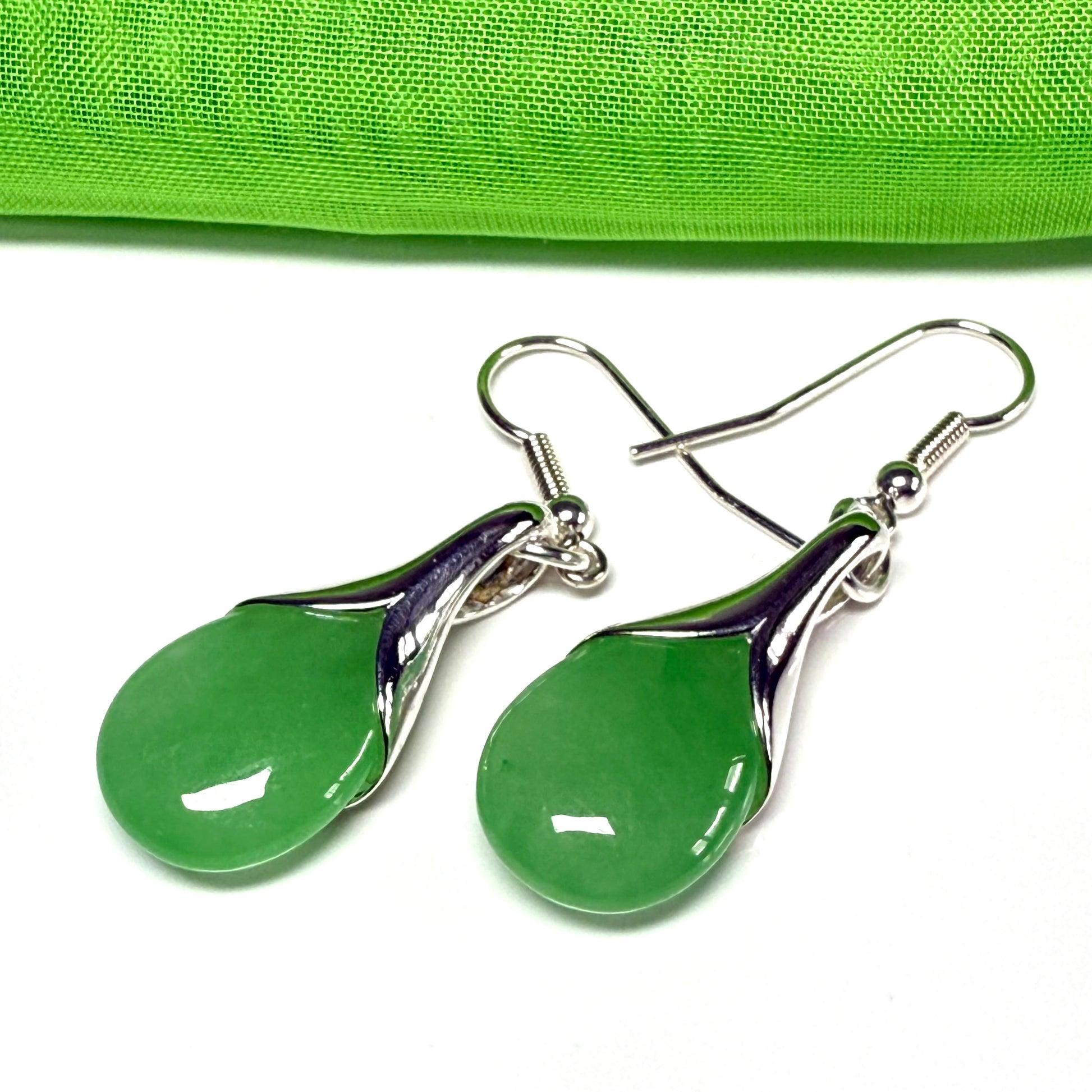 Green jade tear drop sterling silver pear shaped drop earrings