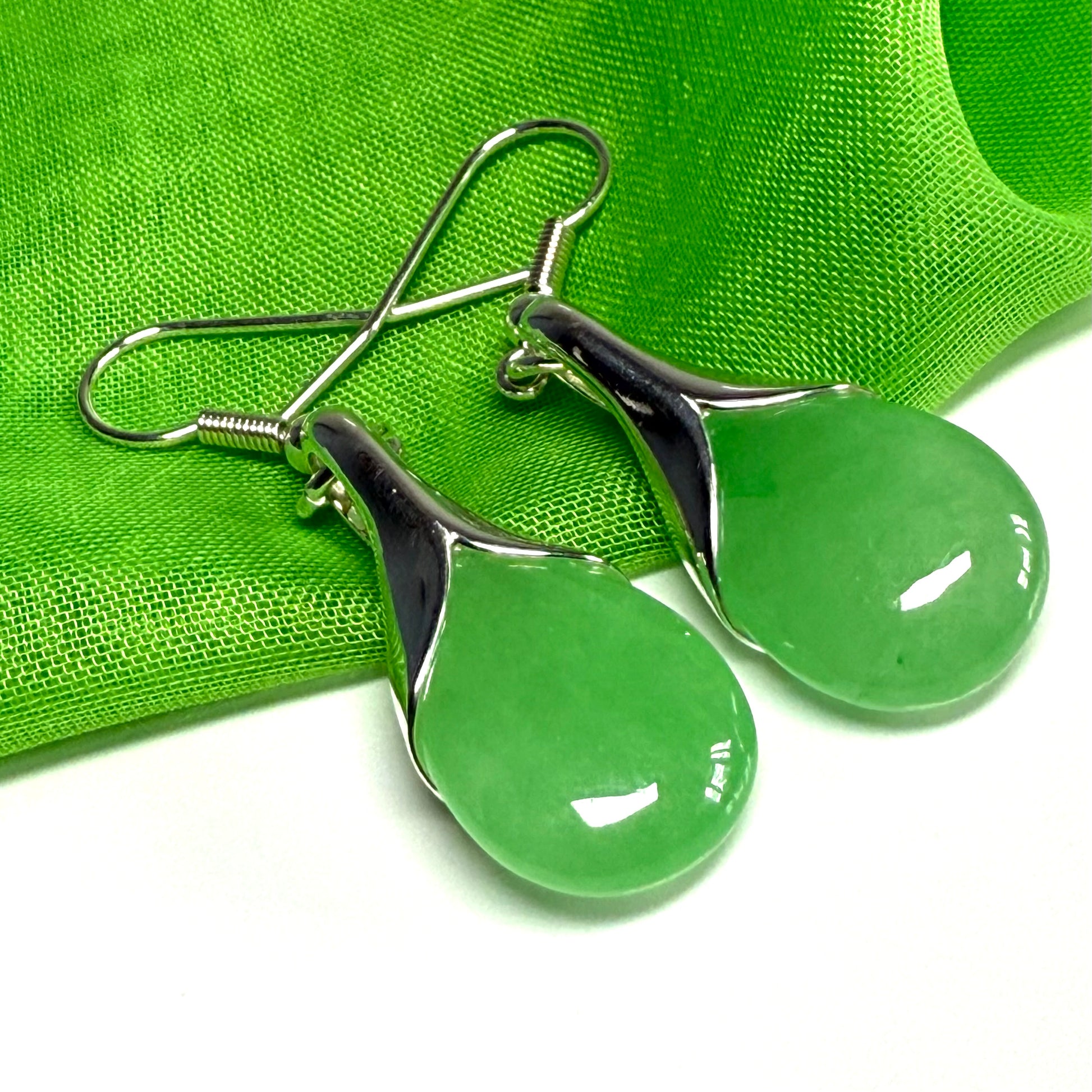 Green jade tear drop sterling silver pear shaped drop earrings