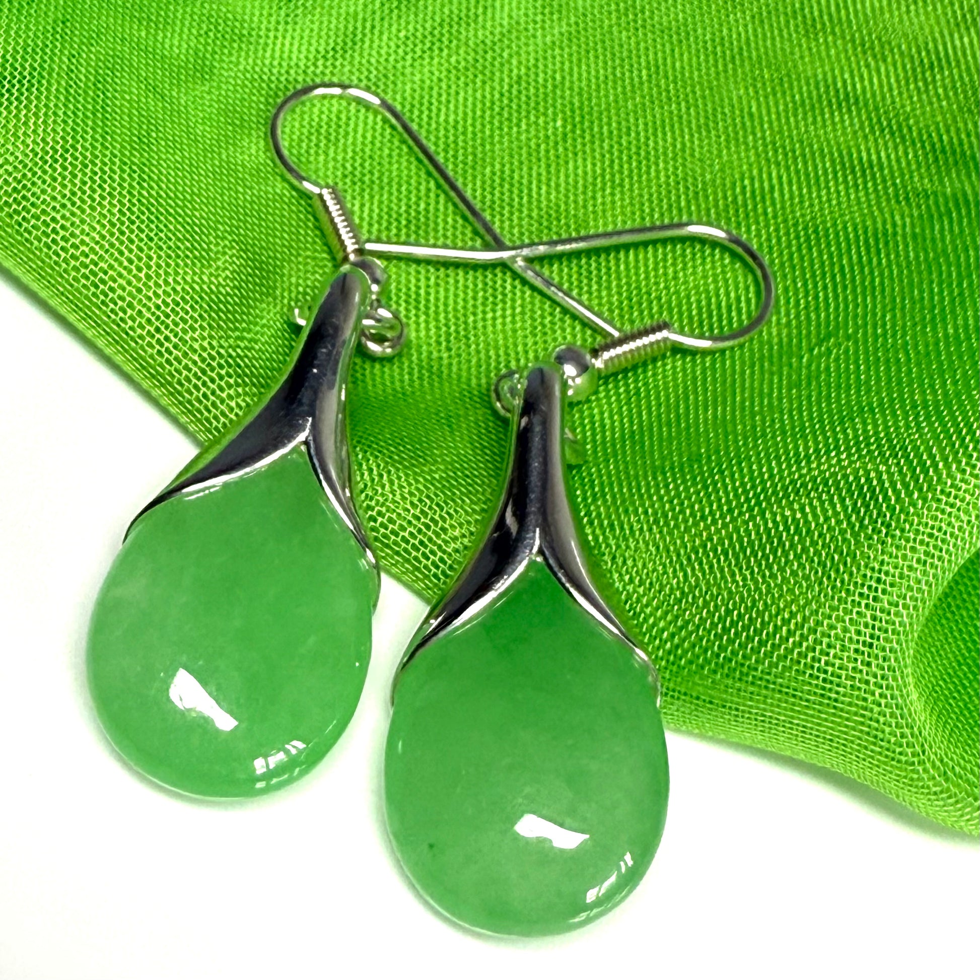 Green jade tear drop sterling silver pear shaped drop earrings