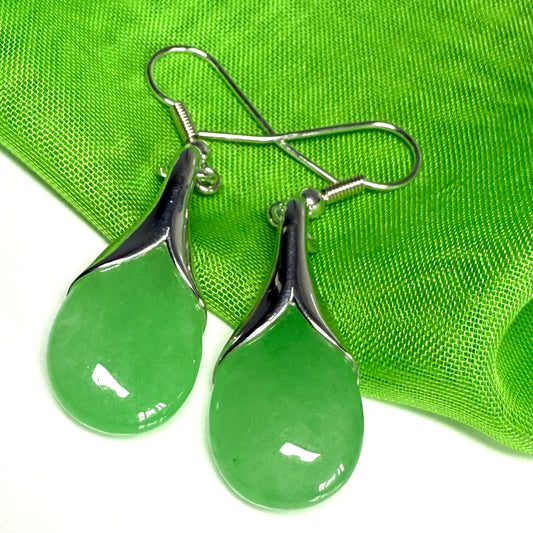 Green jade tear drop sterling silver pear shaped drop earrings
