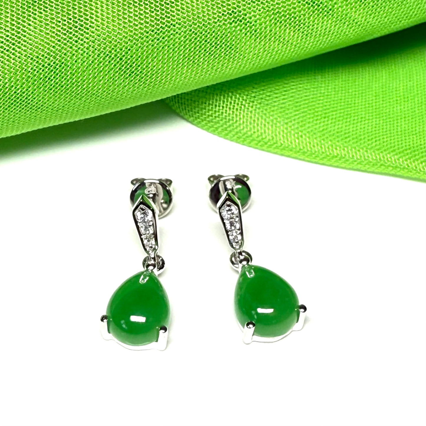 Green pear teardrop real jade and diamond white gold drop earrings