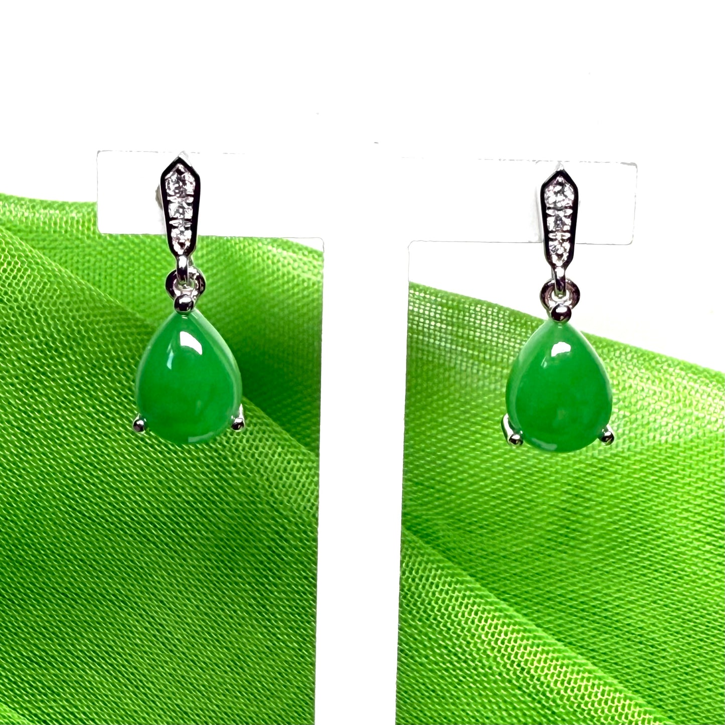 Green pear teardrop real jade and diamond white gold drop earrings