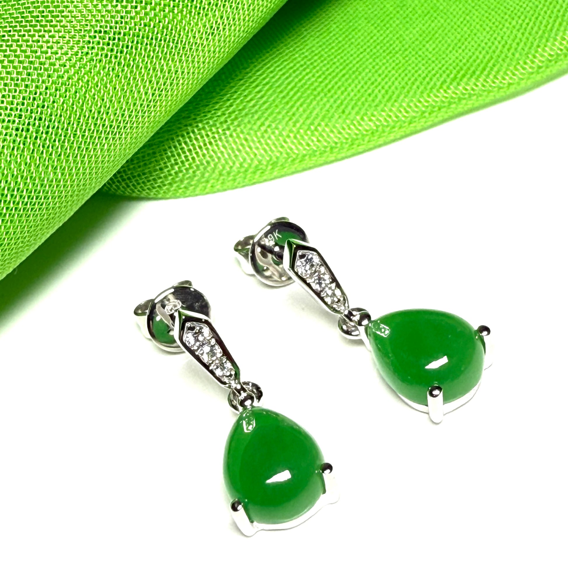 Green pear teardrop real jade and diamond white gold drop earrings