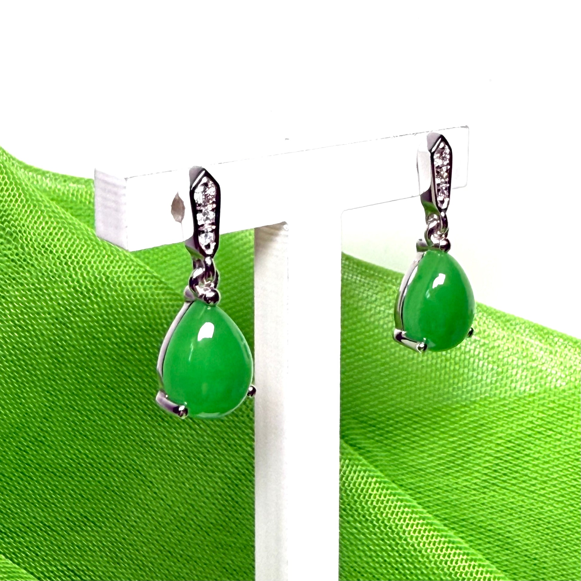 Green pear teardrop real jade and diamond white gold drop earrings
