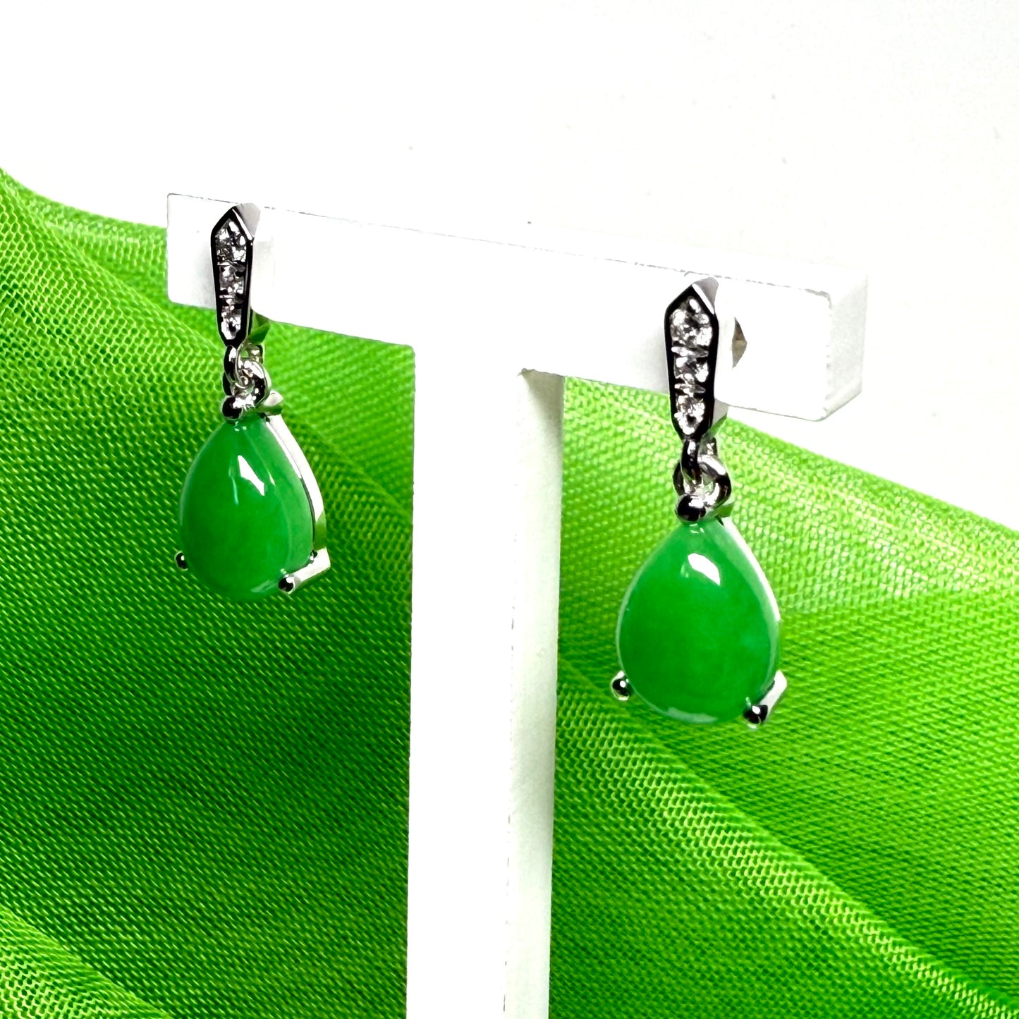 Green pear teardrop real jade and diamond white gold drop earrings