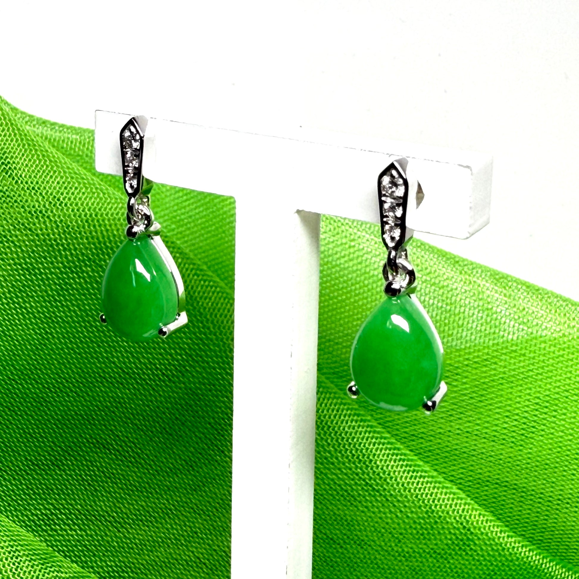 Green pear teardrop real jade and diamond white gold drop earrings
