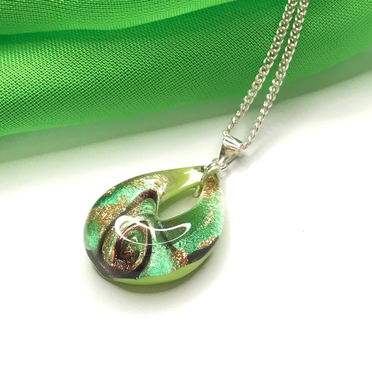 Green real Murano glass tear drop necklace pendant including a chain
