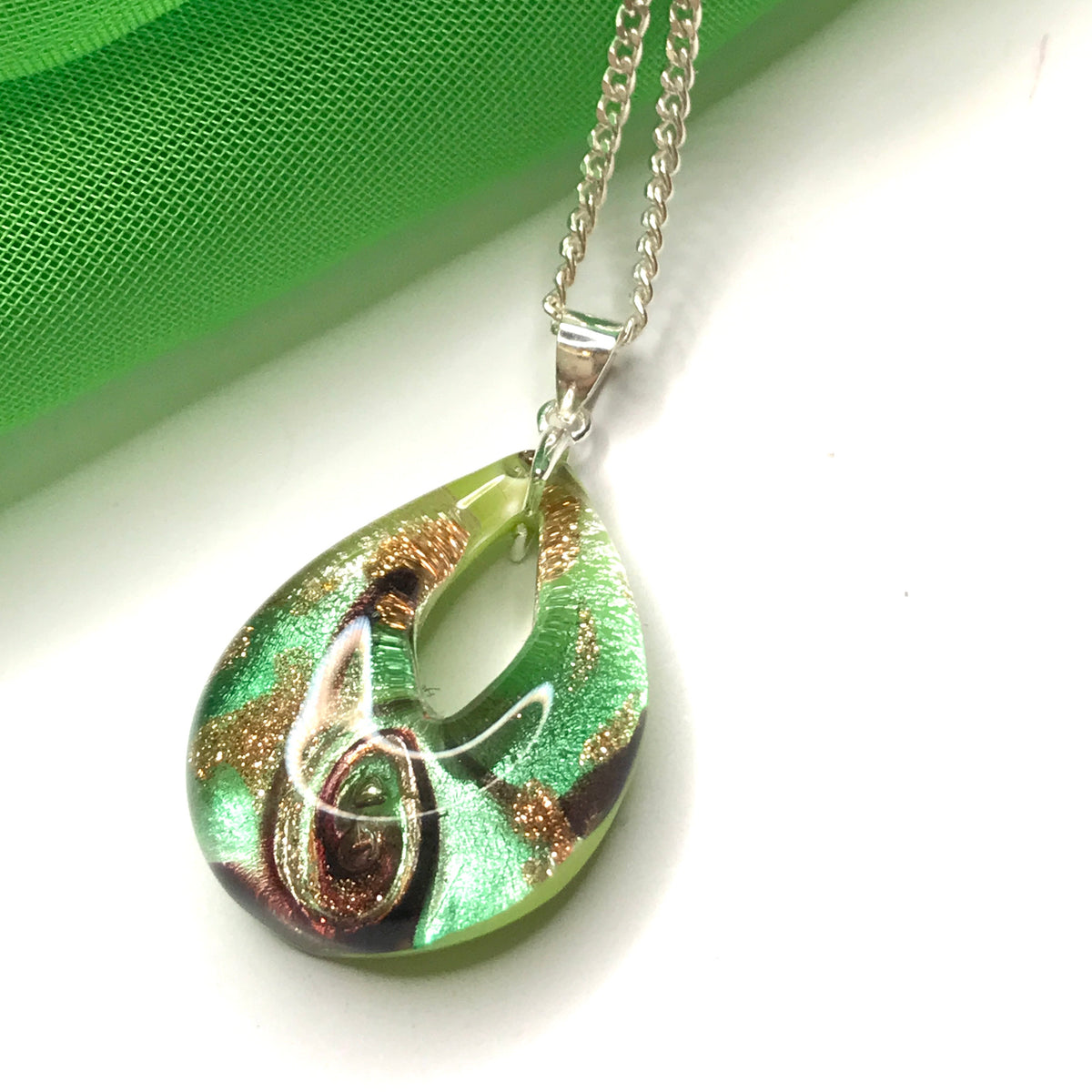 Green real Murano glass tear drop necklace pendant including a chain