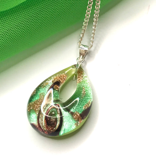 Green real Murano glass tear drop necklace pendant including a chain