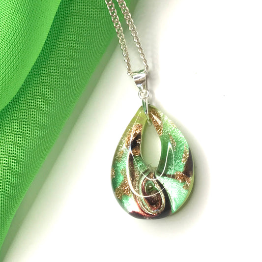 Green real Murano glass tear drop necklace pendant including a chain