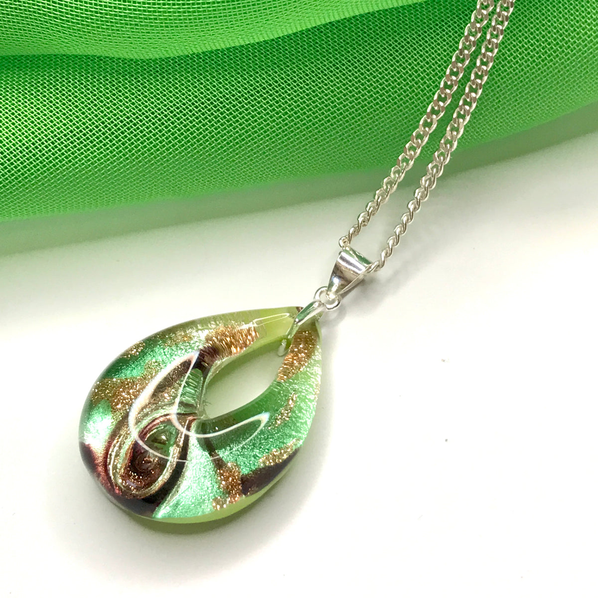 Green real Murano glass tear drop necklace pendant including a chain